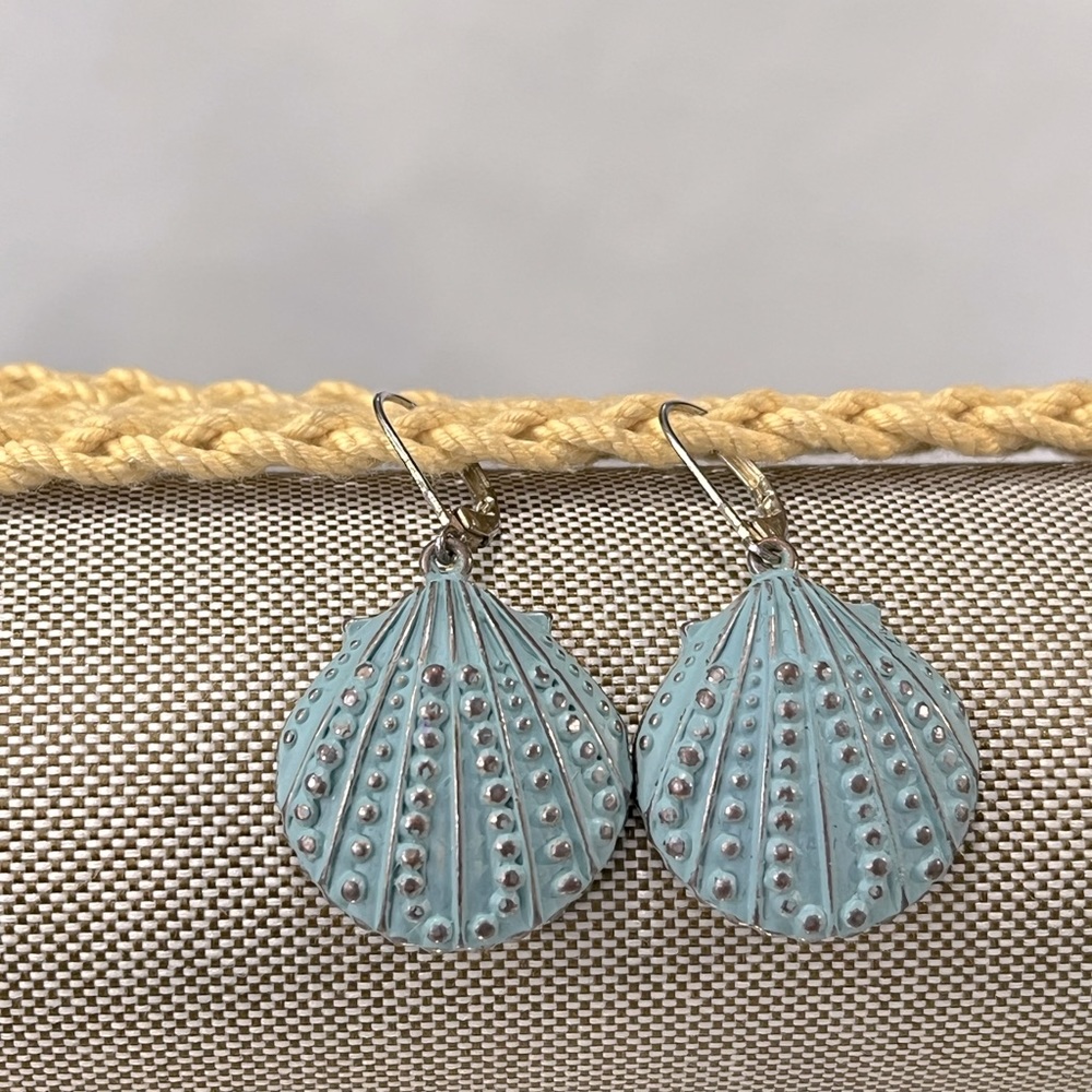 Seashell Earrings Distressed Aqua/Silver-OS